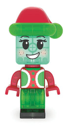 A festive Christmas elf toy minifigure with a translucent green head and face, red hat, green hat trim, red sleeves, and a green and red patterned torso, standing on a black base against a white background.