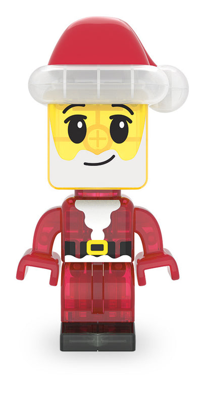 A LEGO-style Santa minifigure with a red Santa hat, yellow face, white beard, red translucent suit, black belt, and black base, isolated on a white background.