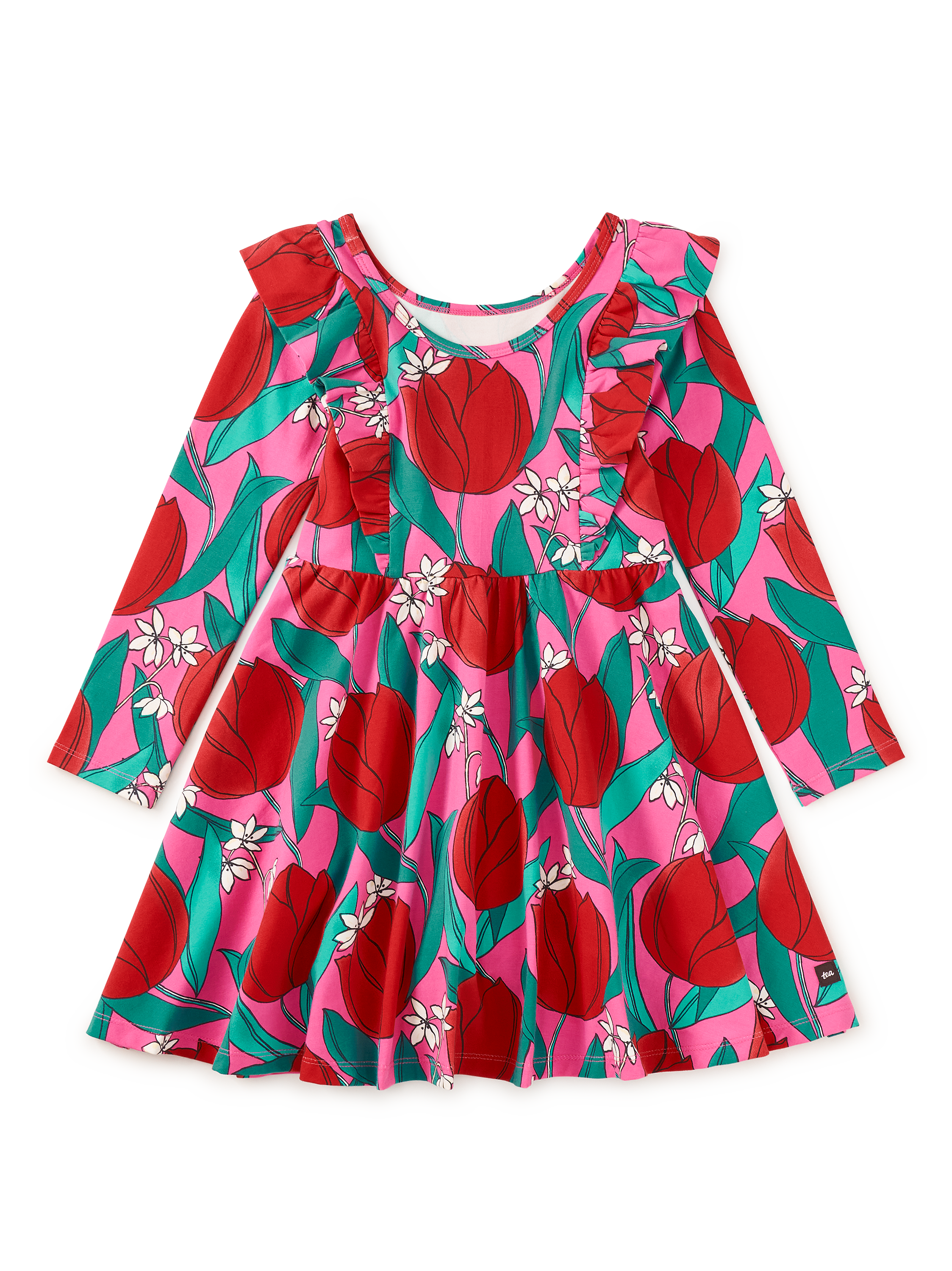 Ruffle Shoulder Ballet Dress - Tulip Twist in Pink by Tea Collection featuring long sleeves, a crew neckline, ruffled shoulder details, and an artist-drawn red tulip floral pattern over a pink background, shown isolated on a transparent background.