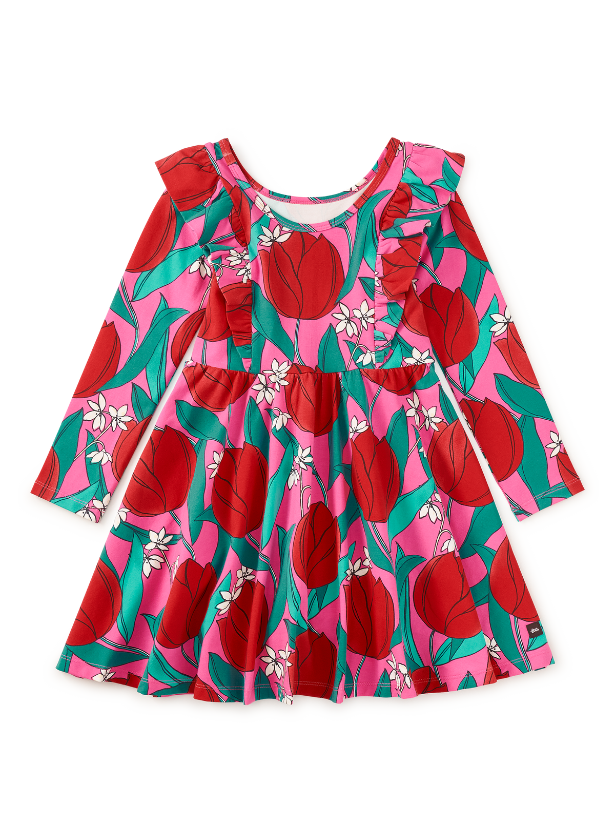 Ruffle Shoulder Ballet Dress - Tulip Twist in Pink by Tea Collection featuring long sleeves, a crew neckline, ruffled shoulder details, and an artist-drawn red tulip floral pattern over a pink background, shown isolated on a transparent background.