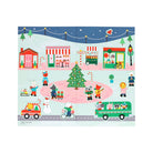 A product photo of the Christmas Town Mini Sticker Set by Petit Collage featuring a snowy winter landscape backdrop populated with various holiday-themed character, vehicle, and building stickers.