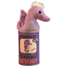 Plush toy seahorse in a can labeled 'Canned Baby Seahorse' on a white background