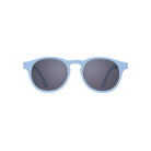 A pair of blue mirrored sunglasses with a round full frame design.