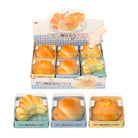 Display box of bread-shaped squishies with a cartoon hand on a white background