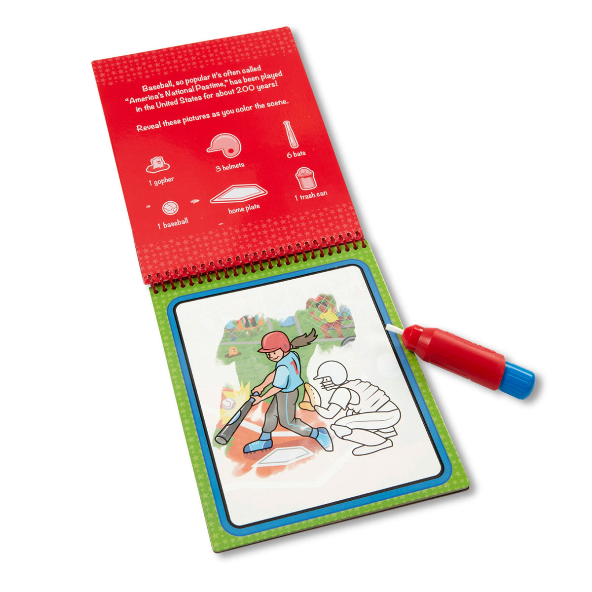 Coloring book with a baseball theme, open to a page with a player illustration and a marker on a white background.