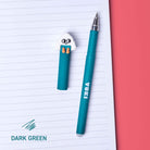 Teal pen with cartoon character on a lined notebook page