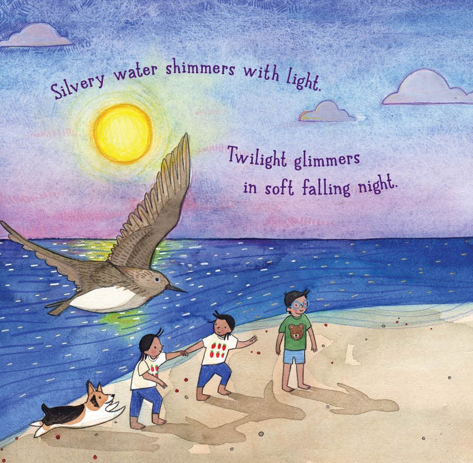 Illustration of children and a dog on a beach with a bird flying above, under a sunset sky.
