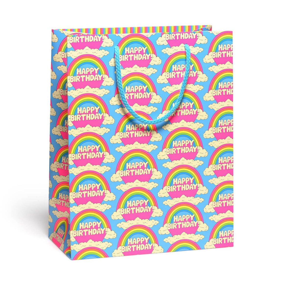 Gift bag with 'Happy Birthday' and rainbow pattern on a white background