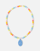 Necklace with pastel beads and a blue pendant on a white background