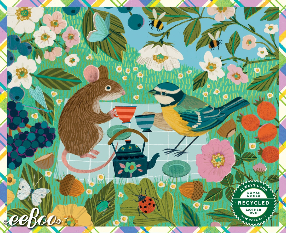 A colorful illustrated tea-time scene with a brown mouse holding a teacup and a bluebird beside a floral teapot, surrounded by flowers, leaves, bees, butterflies, and berries. The artwork fills most of the frame and includes a 'Made with Love in Portugal' and 'Recycled' badge.