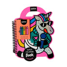 Colorful unicorn-themed coloring book and crayons set with pink handle on white background