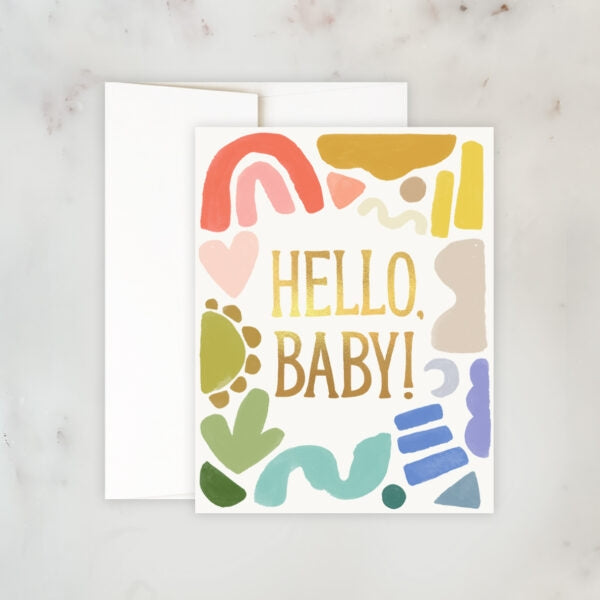 Greeting card with colorful abstract shapes and 'Hello, Baby!' text on a white background