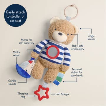 Teddy bear toy with features labeled on a beige background