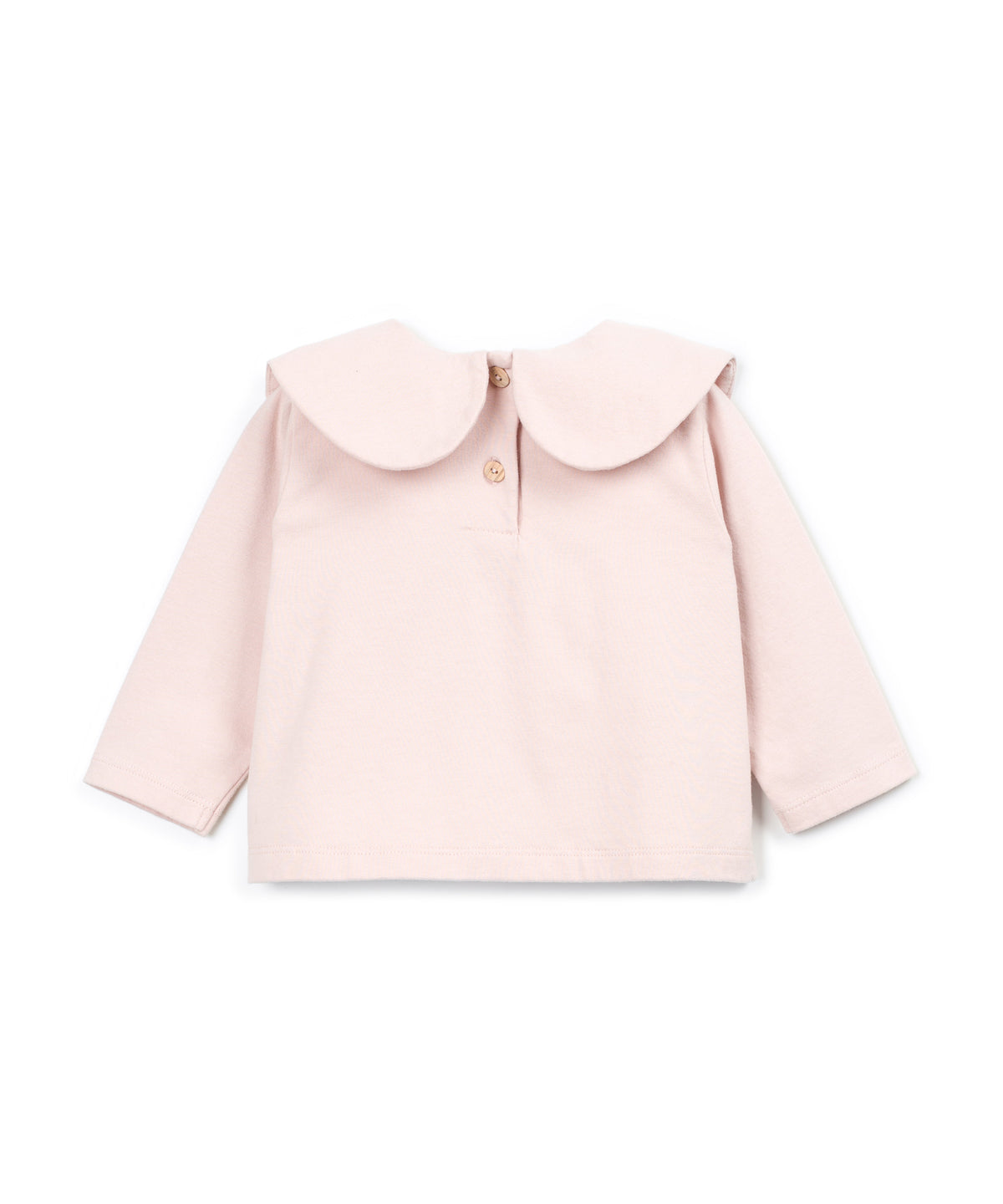 A light pink long-sleeve baby top with a large Peter Pan collar and a small gold button at the neckline, shown flat on a white background.