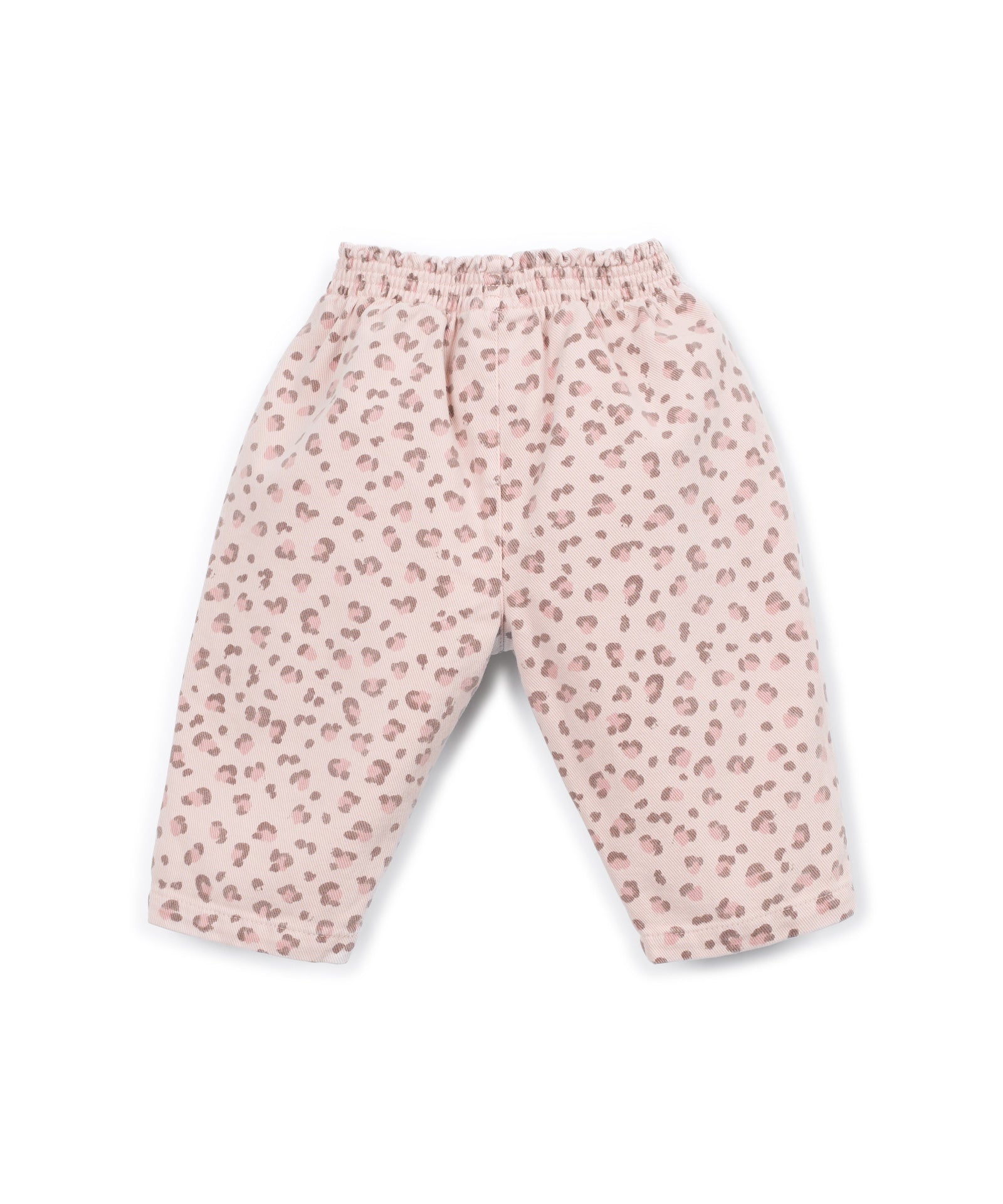 A pair of toddler pants in a light pink fabric with a darker pink leopard print pattern, featuring an elastic waistband.