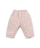 A pair of toddler pants in a light pink fabric with a darker pink leopard print pattern, featuring an elastic waistband.