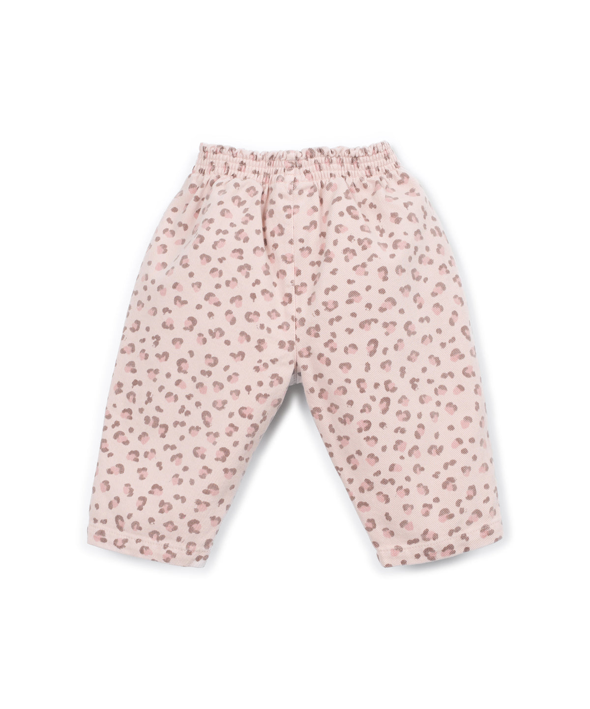 A pair of toddler pants in a light pink fabric with a darker pink leopard print pattern, featuring an elastic waistband.