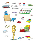 Illustrations of various school supplies on a white background