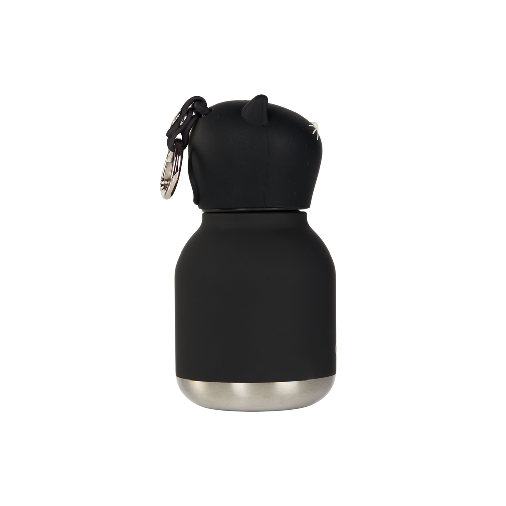 Black bottle-shaped keychain with a metal cap on a white background