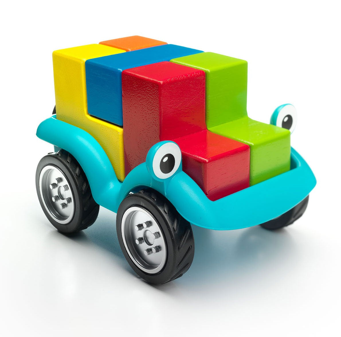 Colorful toy vehicle made of interlocking blocks on a white background