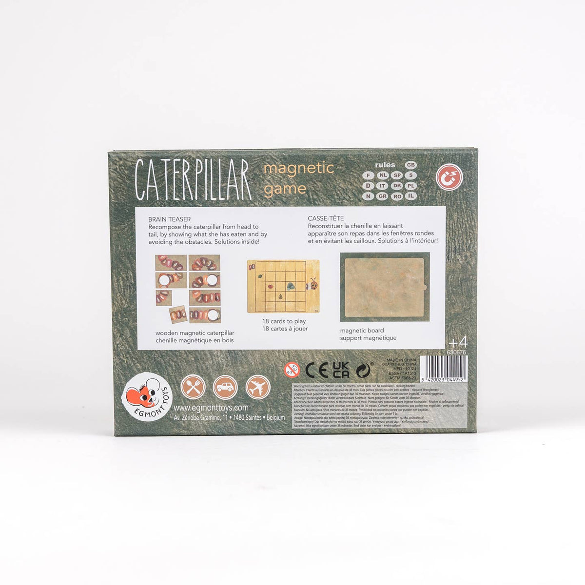 Back of a 'Caterpillar magnetic game' packaging with text and graphics on a white background