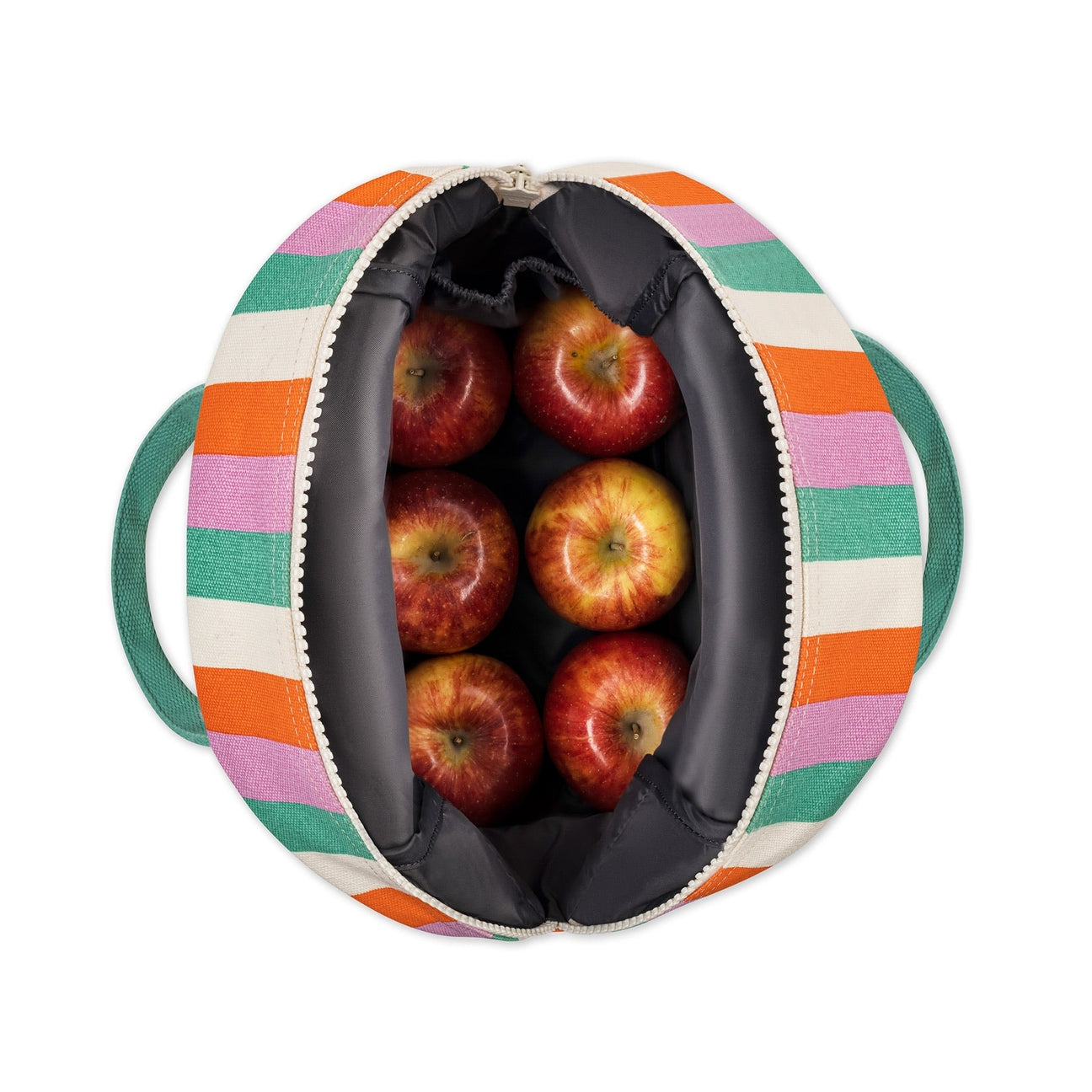 A top-down view of a round, zippered lunch bag with a colorful striped pattern of orange, pink, green, and cream. The bag is open, showing a black insulated interior filled with six red apples, set against a plain white background.