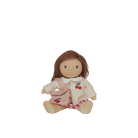 Stuffed doll with brown hair and a pink outfit on a transparent background