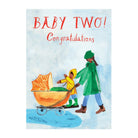 Greeting card with illustration of two children with a baby buggy, text 'BABY TWO! Congratulations' on a light blue background.