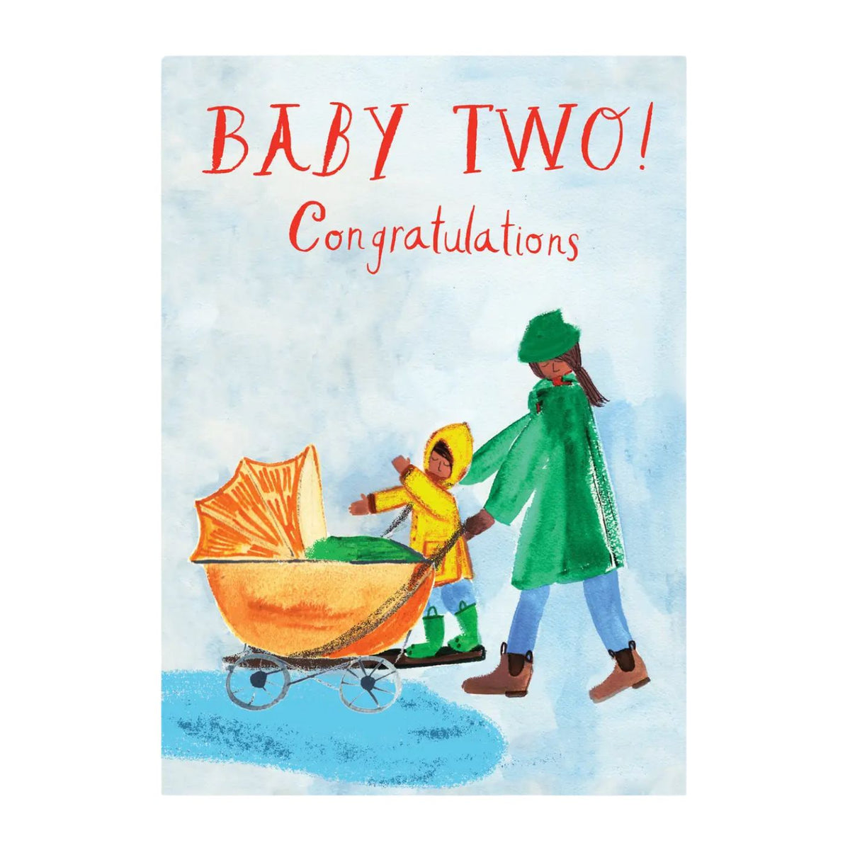 Greeting card with illustration of two children with a baby buggy, text 'BABY TWO! Congratulations' on a light blue background.