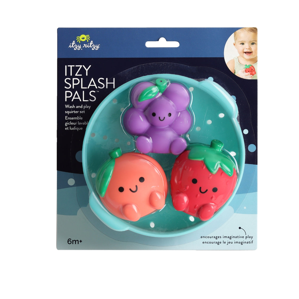 Itzy Ritzy Itzy Splash Pals toy set packaging with a baby on the side.