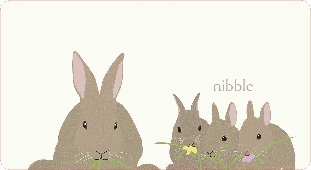 Illustration of three rabbits with the brand 'nibble' on a white background