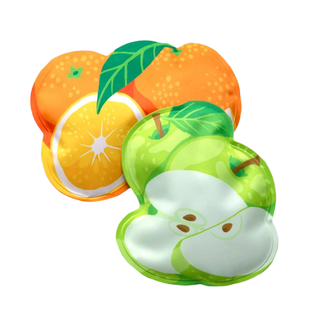 Coasters shaped like an orange, apple, and pear on a white background