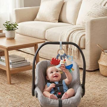 Baby in a car seat with a toy in a living room
