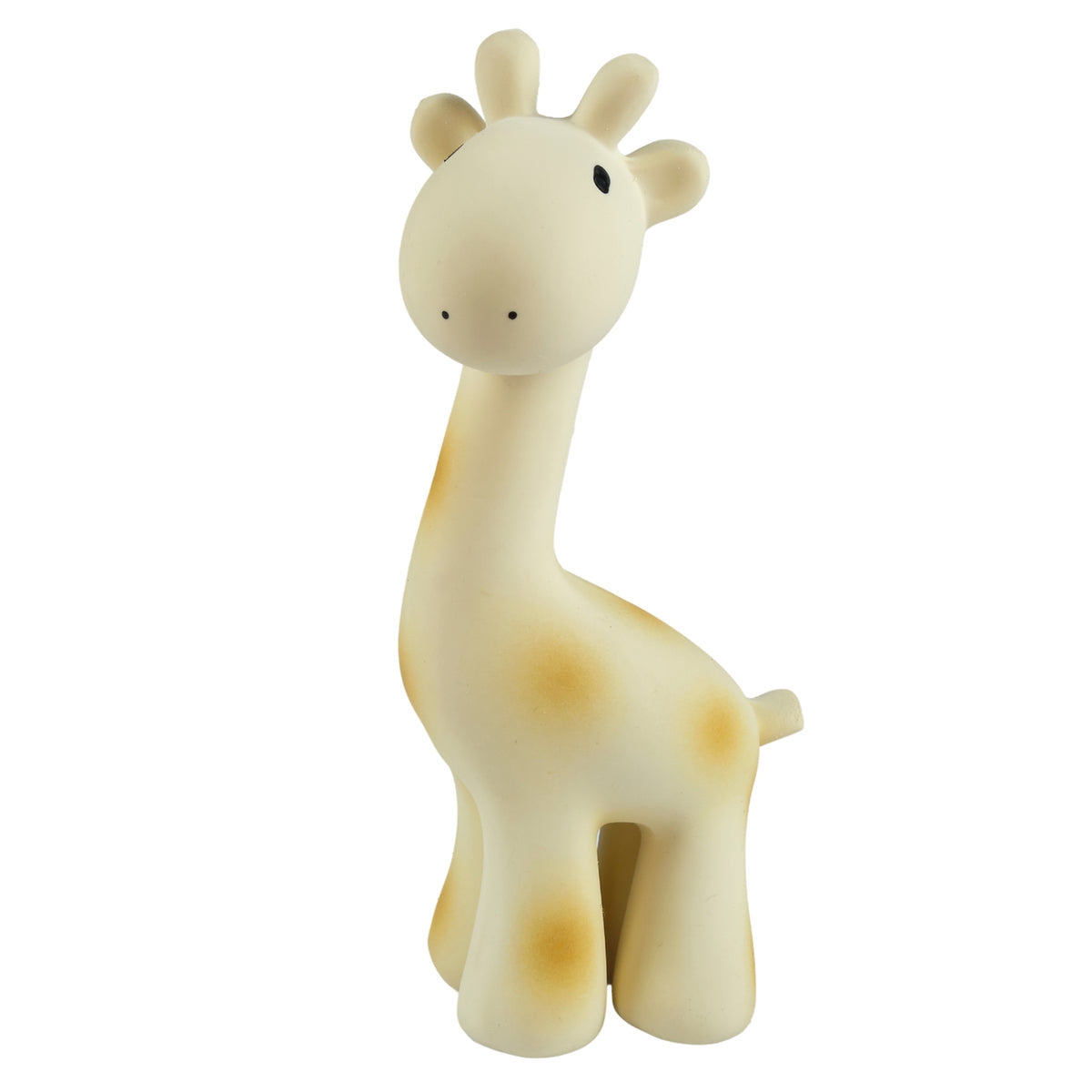 A cute, stylized giraffe toy or figurine in a warm cream color with soft yellow spots, set against a solid white background.