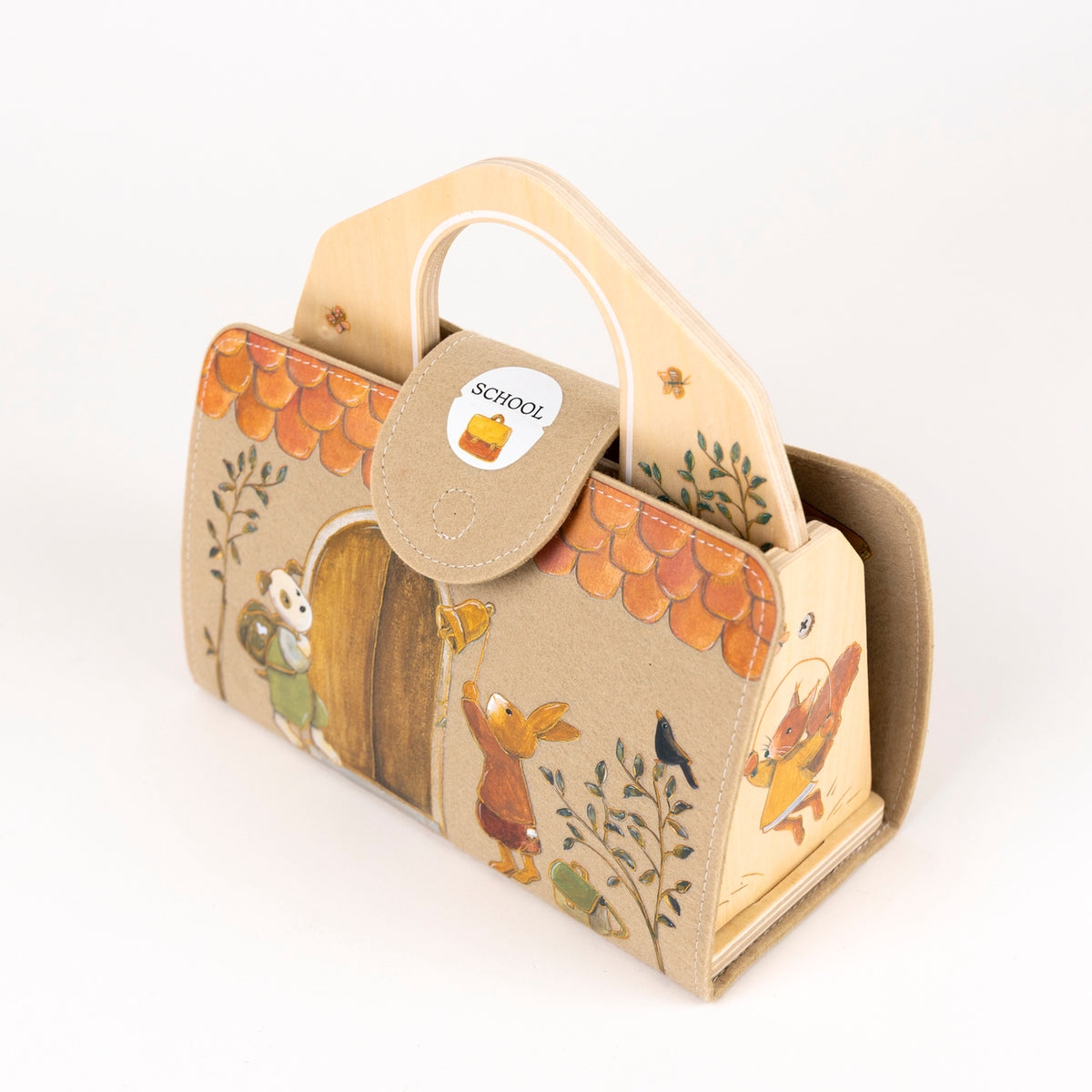 Children's book bag with animal illustrations on a white background