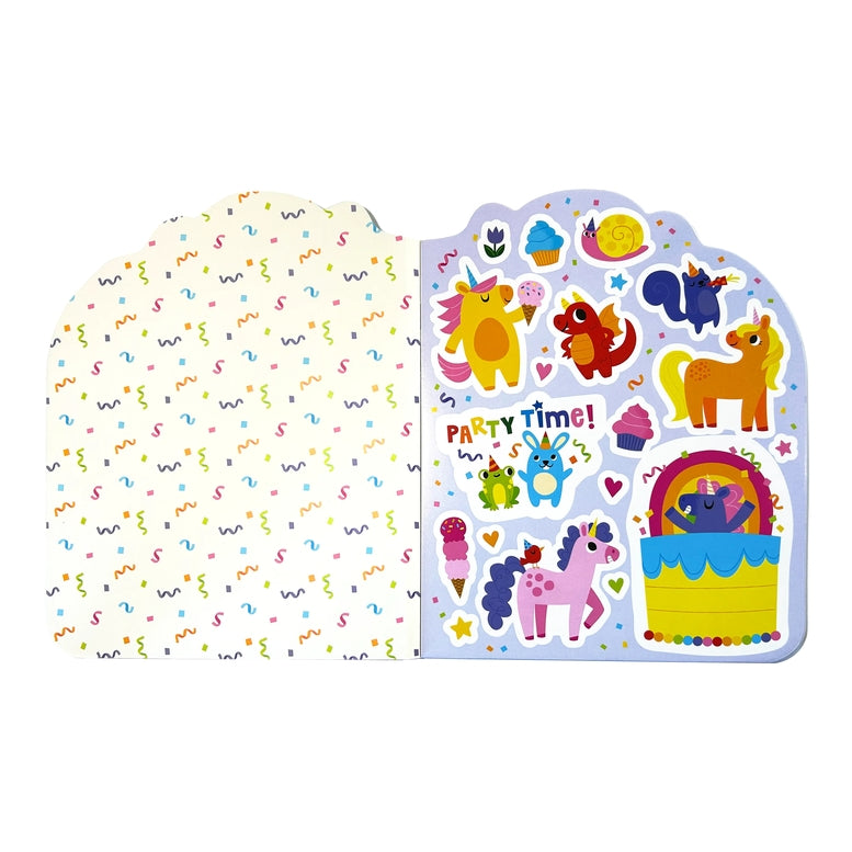 Sticker book with colorful animal-themed stickers on a white background