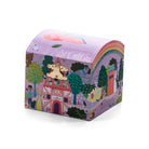 A closed Fairy Tale Small Dome Jewellery Box by Floss & Rock featuring an illustrated fairy-tale landscape with characters, a castle, a rainbow across the dome roof, and a gold clasp.
