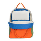 Colorful backpack with orange, blue, and green sections on a white background