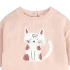 A close-up of a light pink knit sweater featuring a white cat graphic with pink and brown accents on the front.