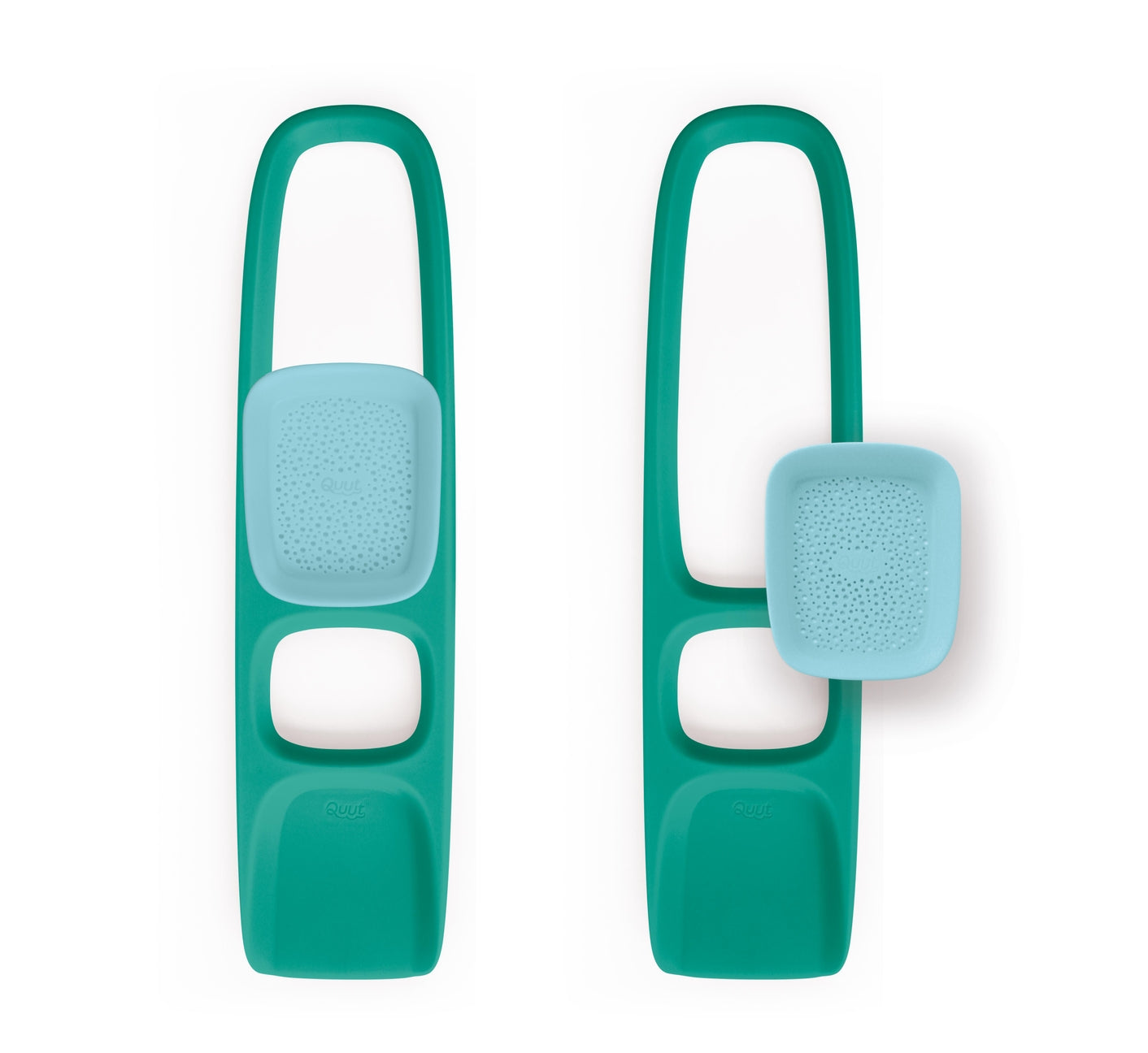 Two teal and light blue door handles on a white background