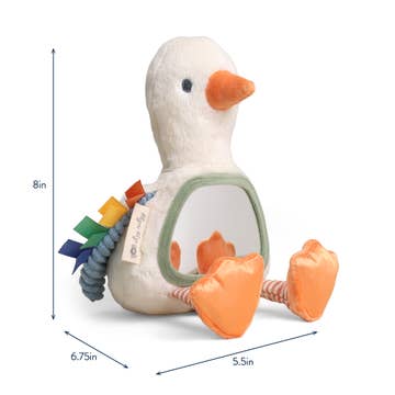 Plush duck toy with measurements on a white background