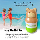 Bear-shaped sunscreen roll-on with children playing in the background