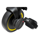 Black scooter wheel with yellow rim and strap on a white background
