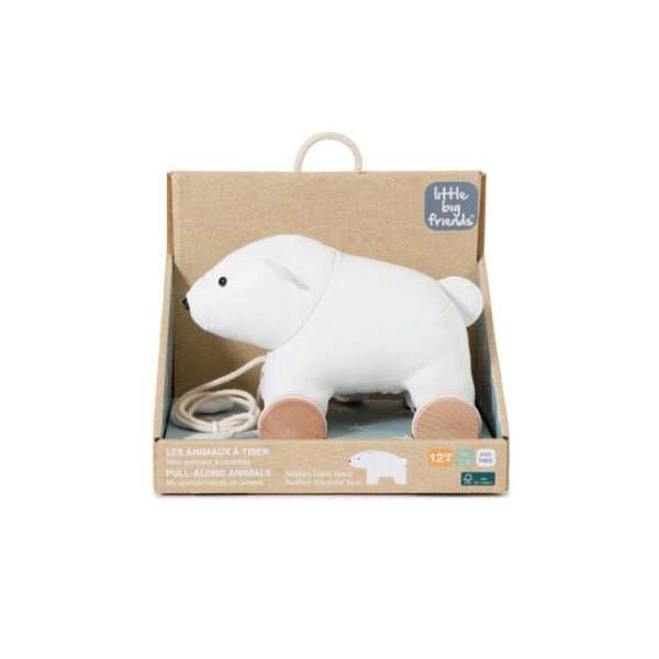 White elephant toy with brown feet in a cardboard box packaging on a white background