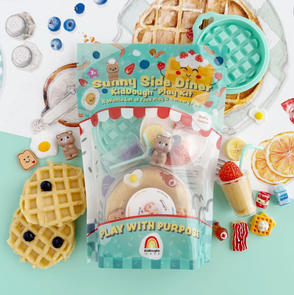 Sunny Side Diner Kid Dough Play Kit with waffle-themed packaging on a light blue background.