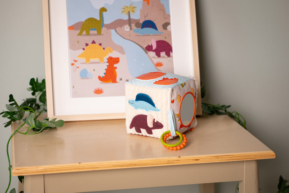 Children's toy block with animal designs on a wooden surface next to a framed picture of dinosaurs.