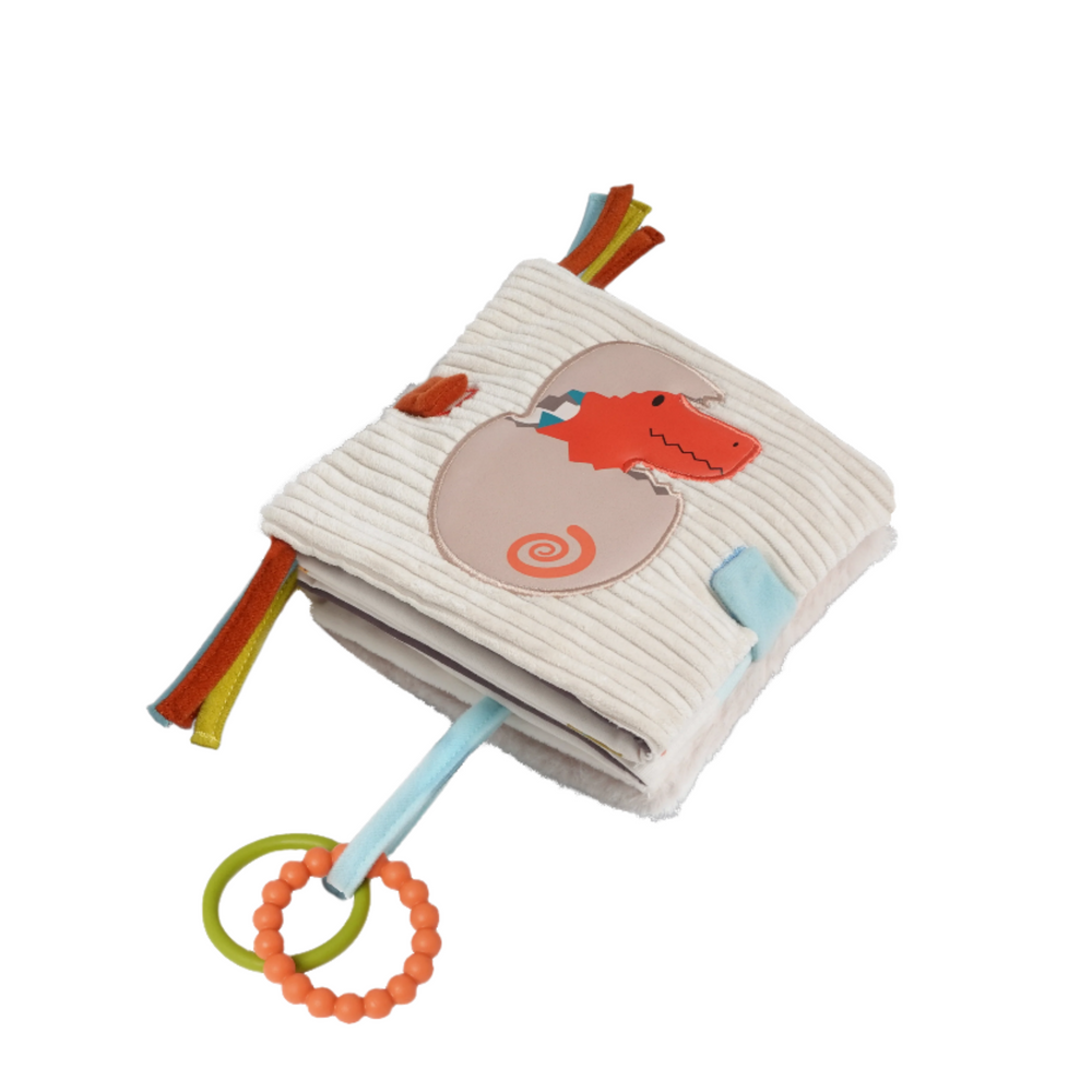 Baby activity book with dragon design and colorful rings on a white background