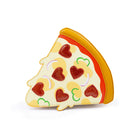 Pizza-shaped pouch with heart designs on a white background