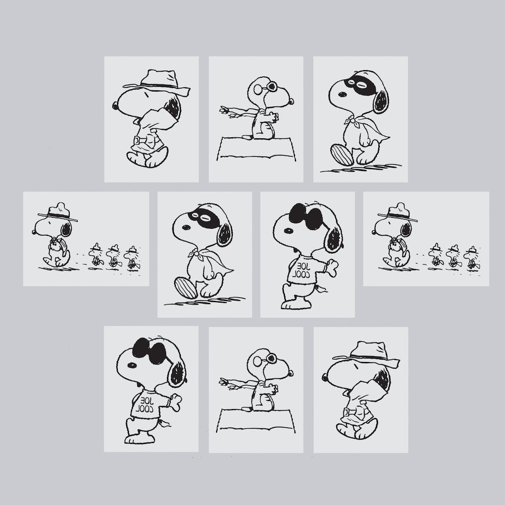 Set of black and white illustrations of a dog in various poses on a gray background