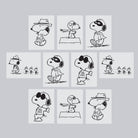 Set of black and white illustrations of a dog in various poses on a gray background